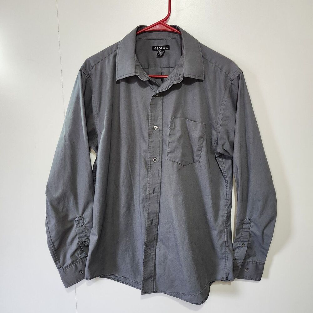 George Men’s M Gray Button-Up Long Sleeve Dress Shirt Casual Work Pocket